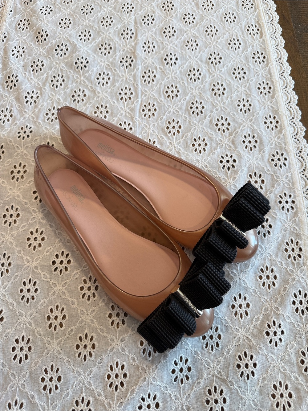 Melissa + Jason Wu Nude Ballet Jelly Flats with Black Grosgrain Bow